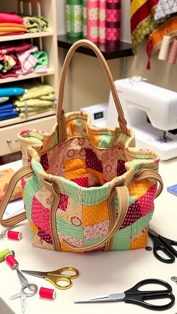 A decorative Clam Up bag on a sewing table, showcasing colorful fabric and an open zipper.